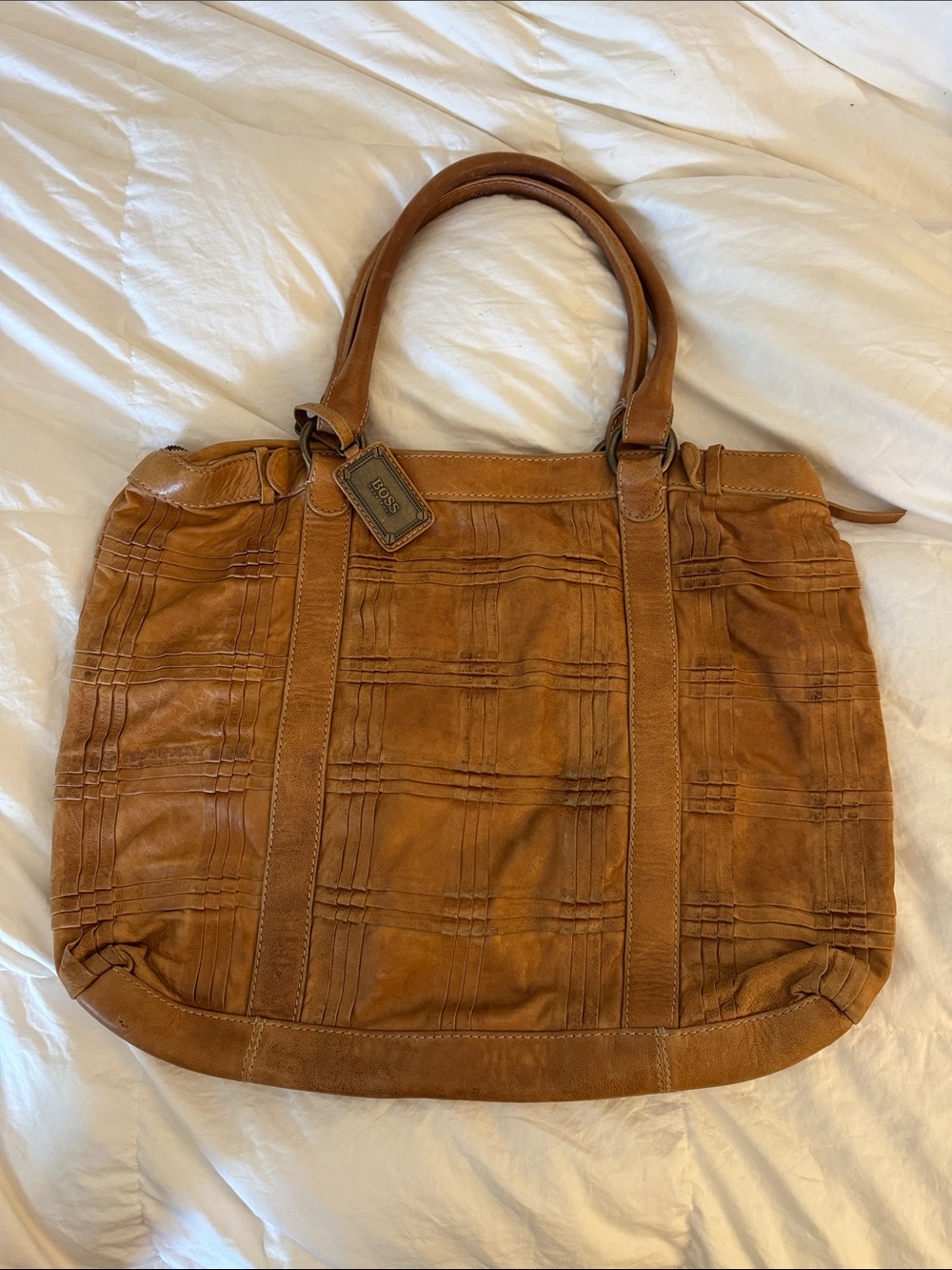 Hugo Boss Cognac Leather Tote with Grid Stitch Detail